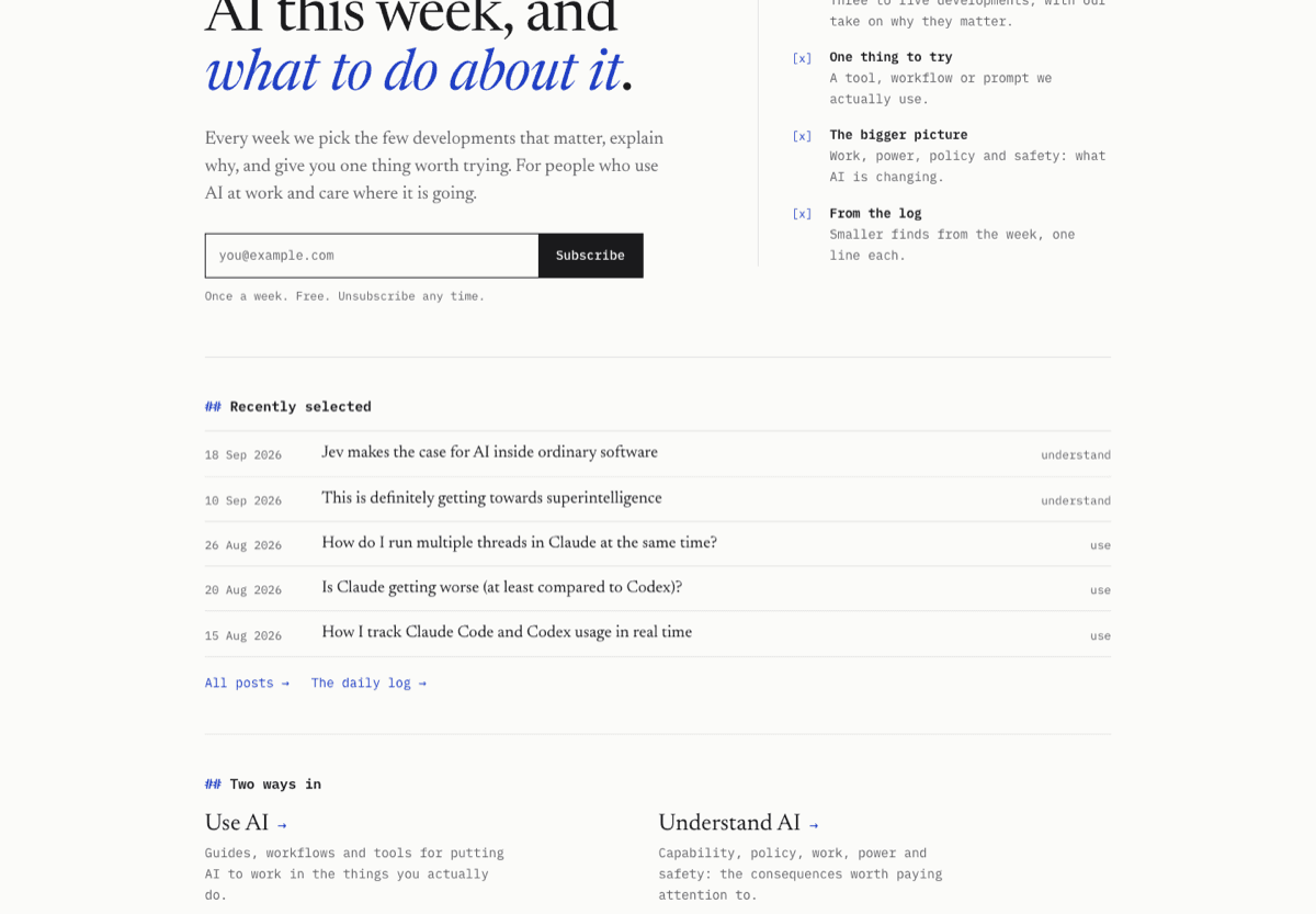 The new Way Into AI homepage with the weekly email signup